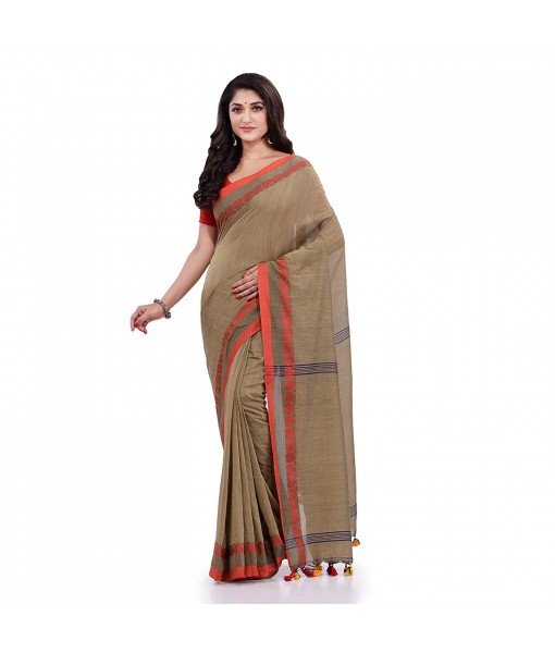 Women`s Traditional Bengali Tant Handloom Cotton Saree Loveria Design With Blouse Piece (Tan Colour)